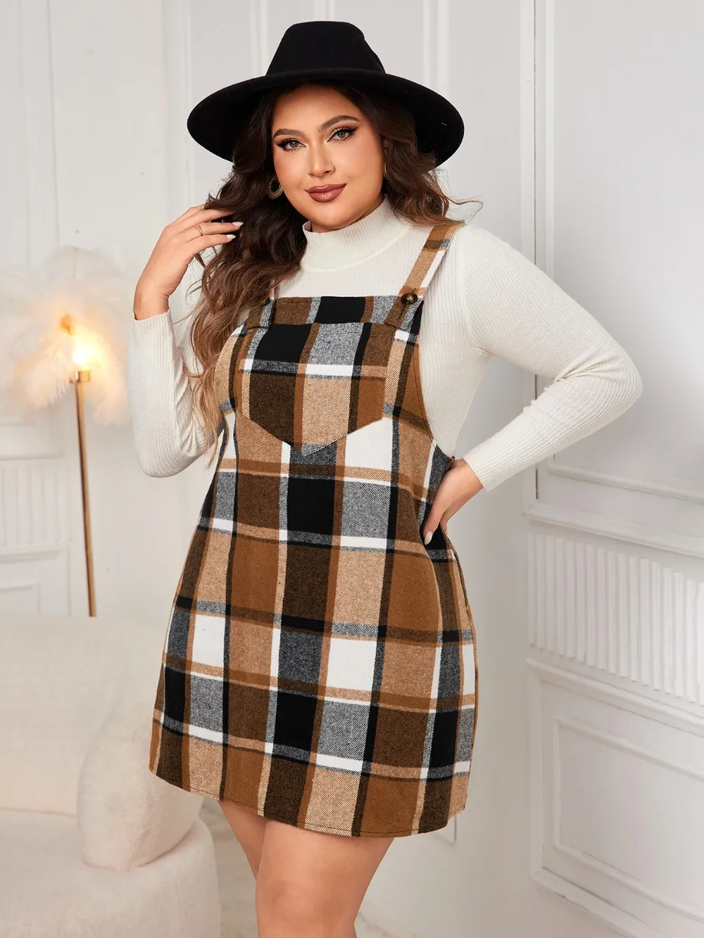 Plus Size Plaid Wide Strap Overall Dress, image 14