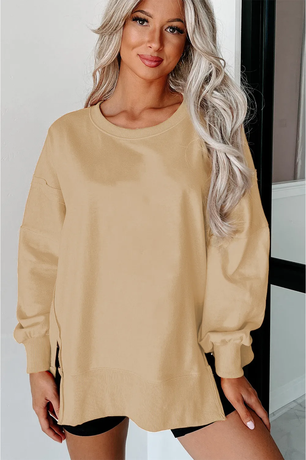 Side Slit Round Neck Long Sleeve Sweatshirt, image 28
