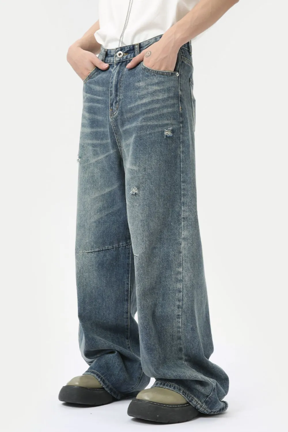 Distressed Wide Leg Men's Jeans with Pockets, image 2