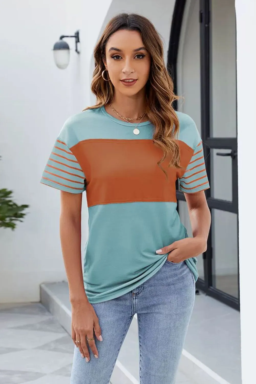 Color Block Round Neck Short Sleeve T-Shirt, image 9