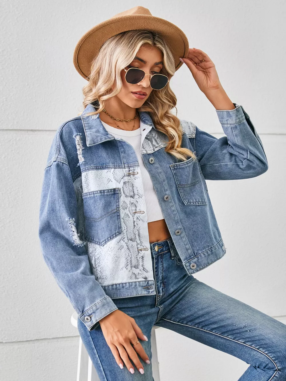 Snake Print Button Up Denim Jacket, image 3