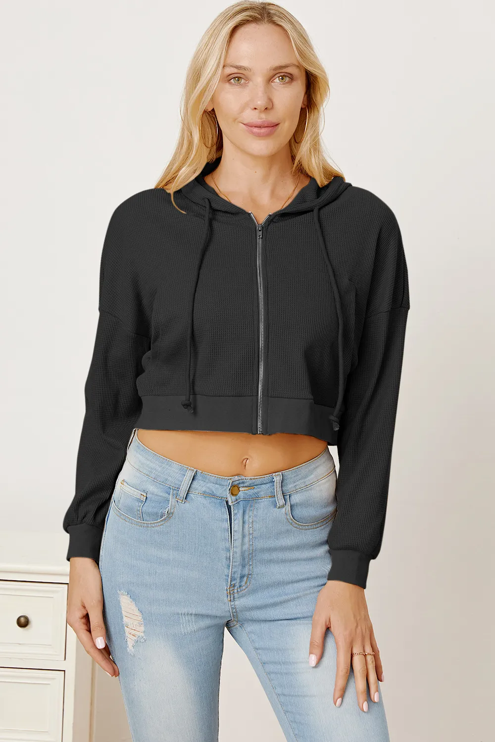 Waffle-Knit Drawstring Zip Up Hoodie, image 18