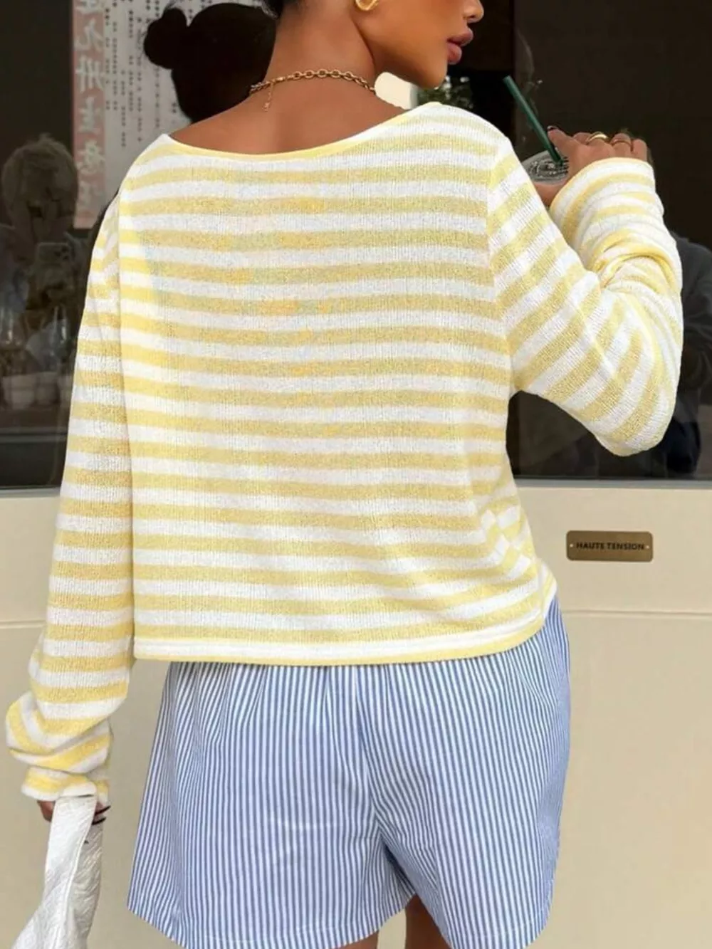 Boat Neck Striped Long Sleeve T-Shirt, image 7