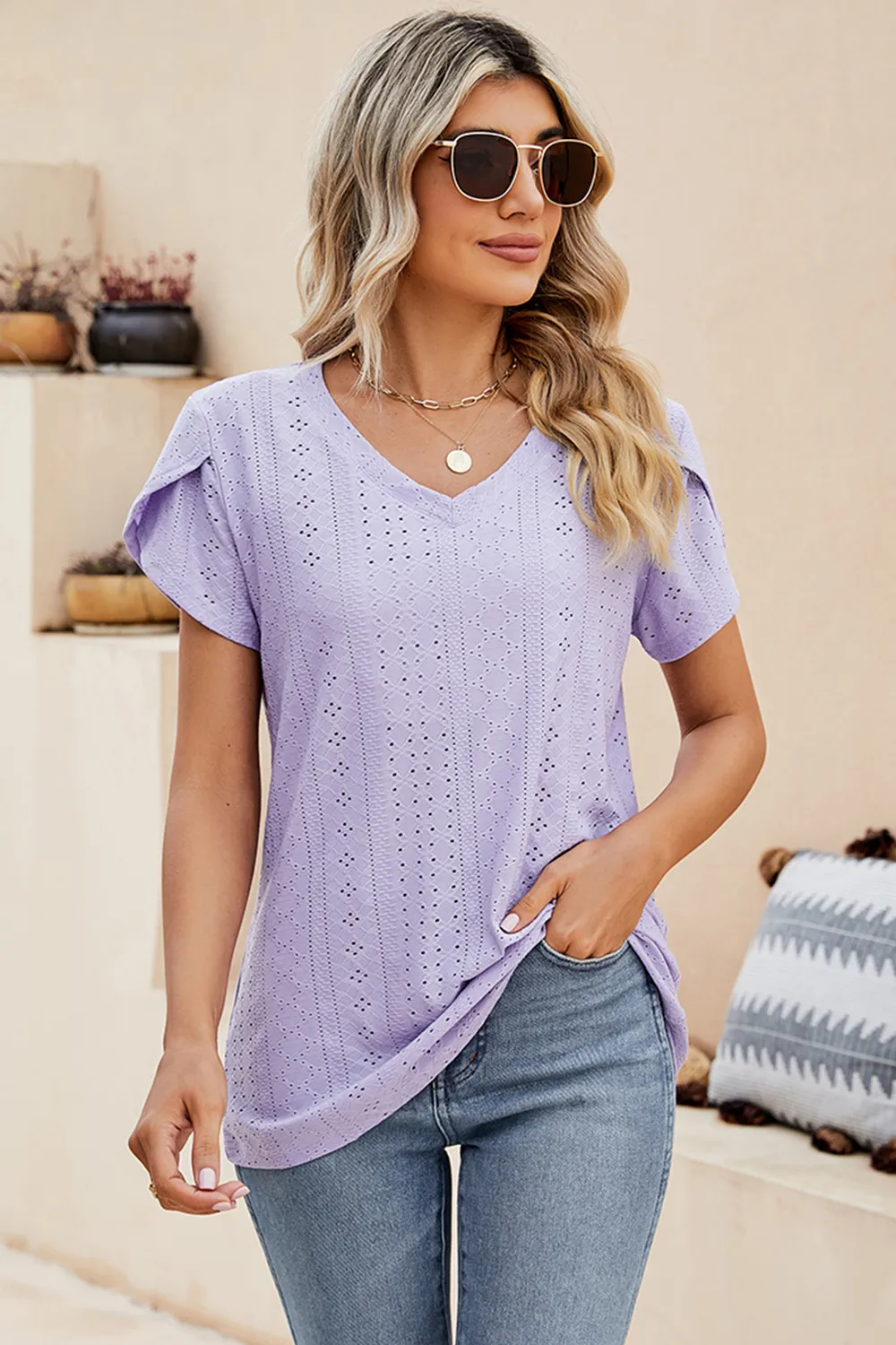 Eyelet V-Neck Petal Sleeve T-Shirt, image 25