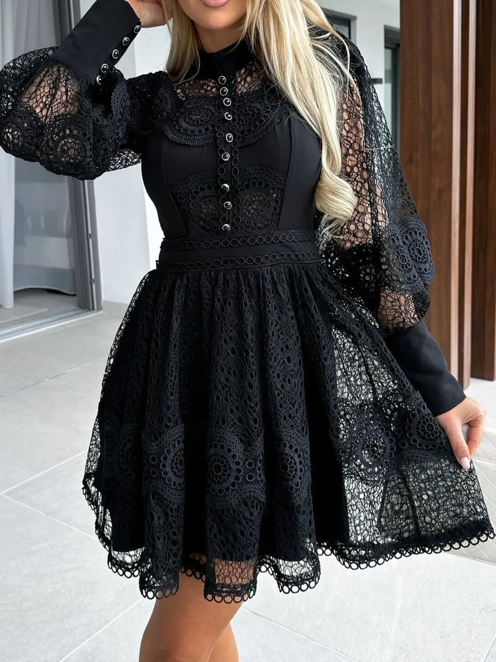 Lace Lantern Sleeve Mini Dress
