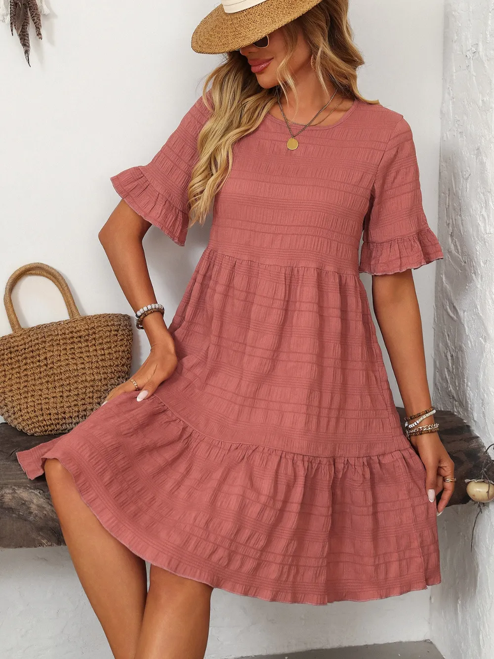 Ruffled Ruched Round Neck Half Sleeve Dress, image 22