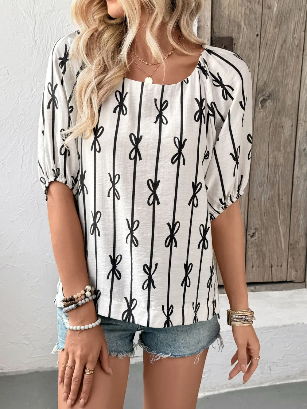 Bow Print Puff Sleeve Casual Blouse, image 6