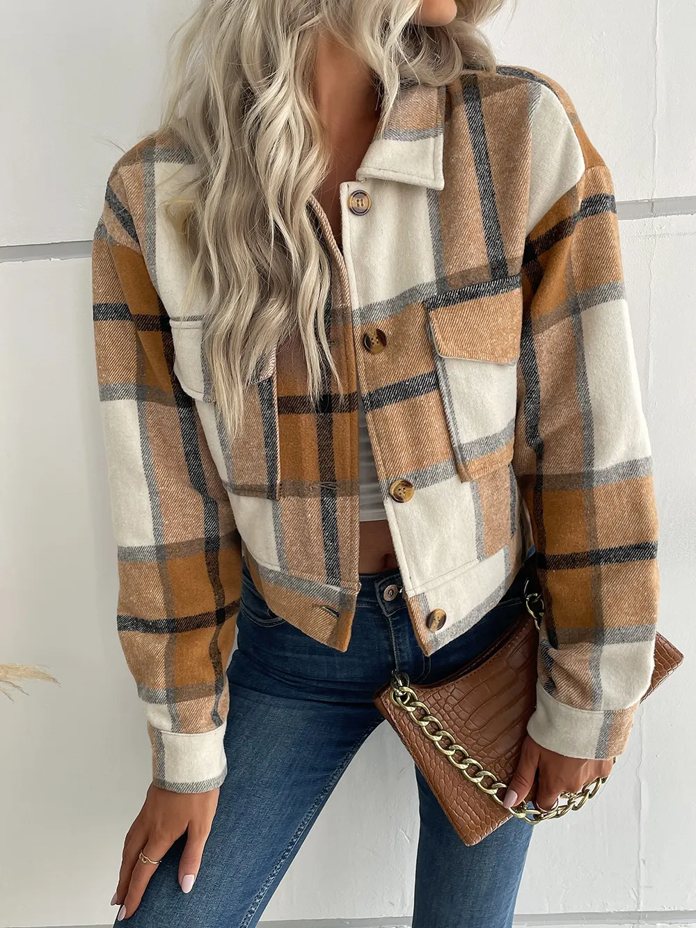 Plaid Button Up Drop Shoulder Cropped Jacket, image 23