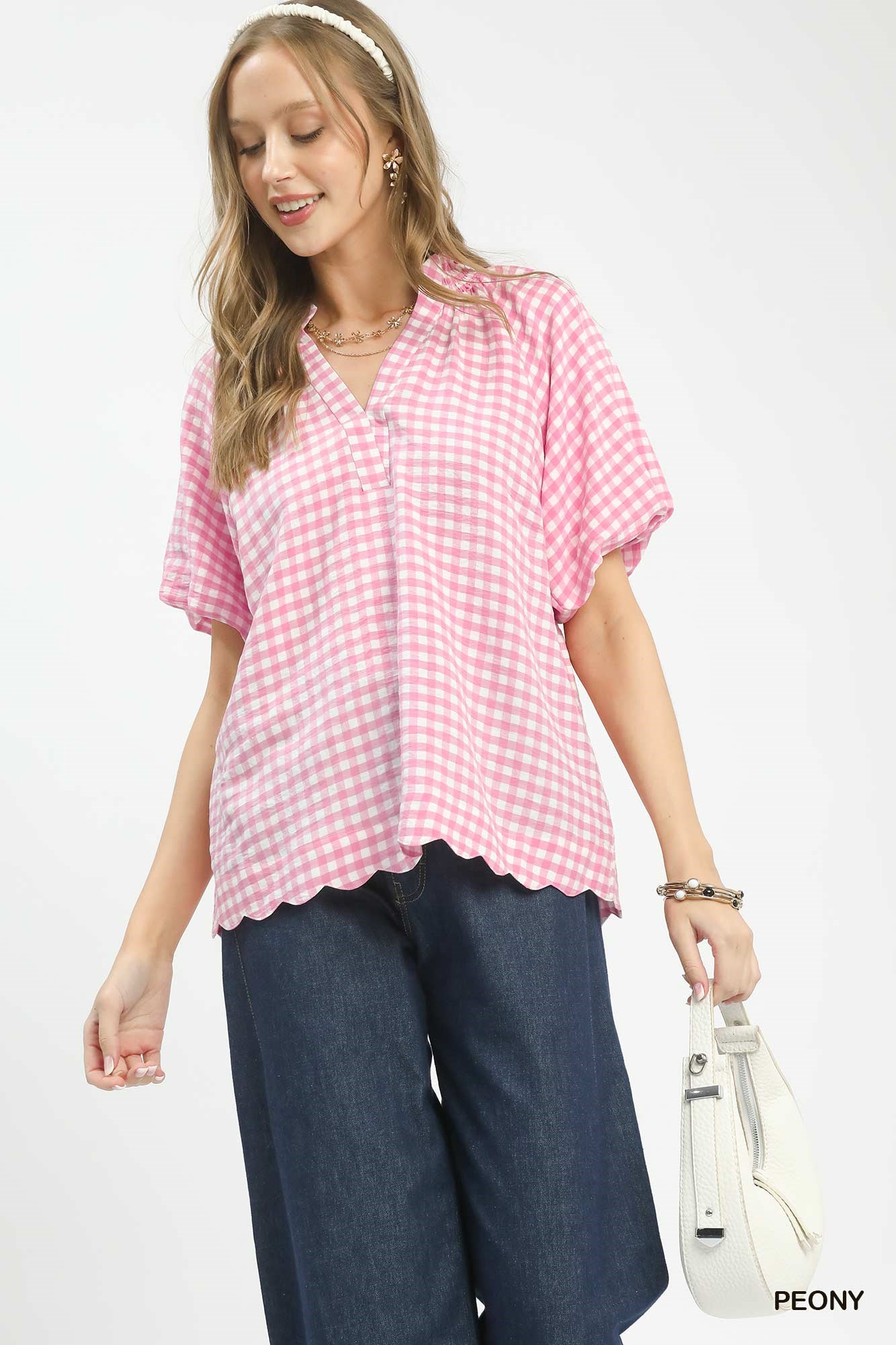 Gingham Bubble Sleeve Blouse with Scallop Hem