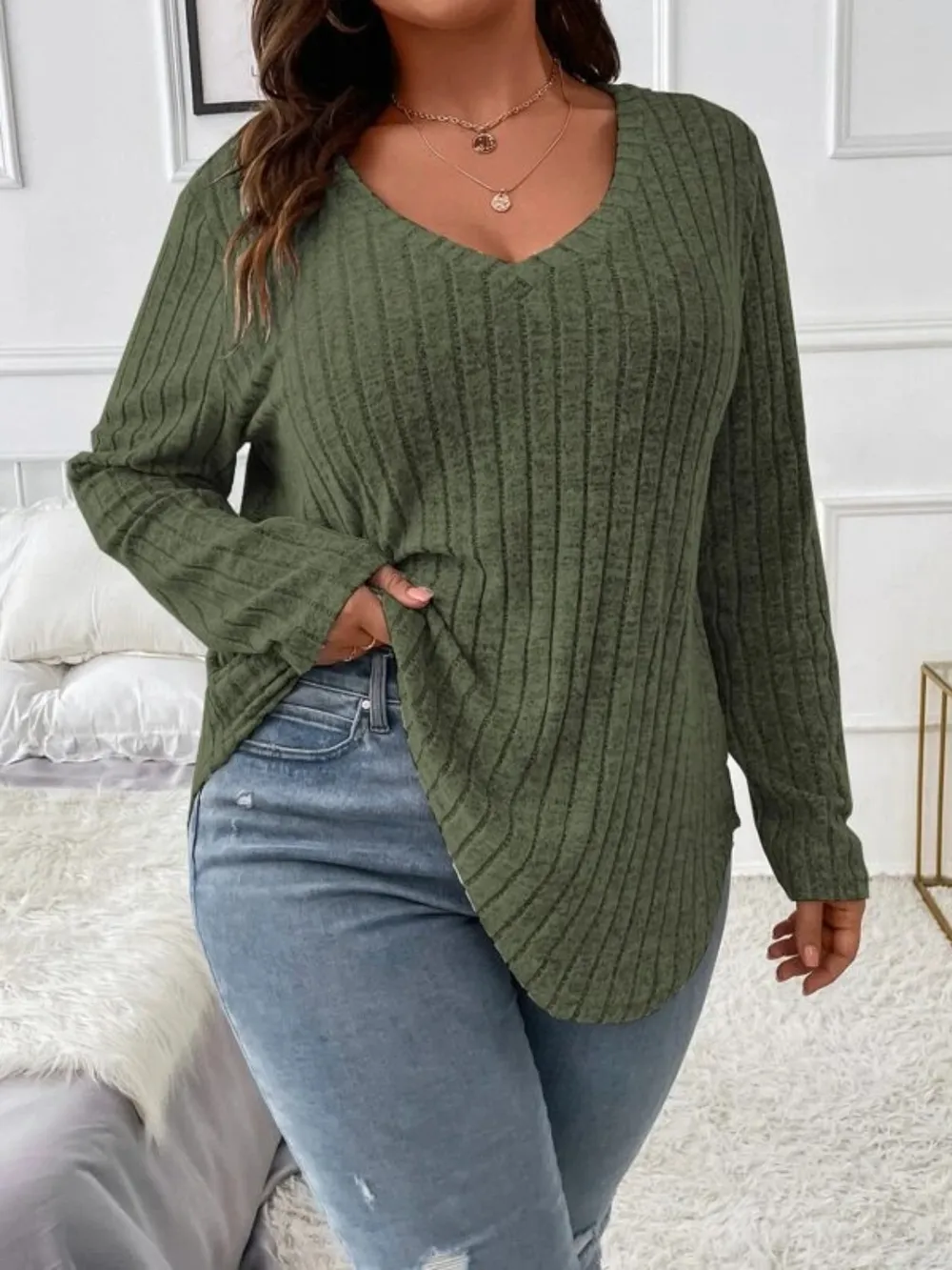 Plus Size V-Neck Long Sleeve T-Shirt, image 11