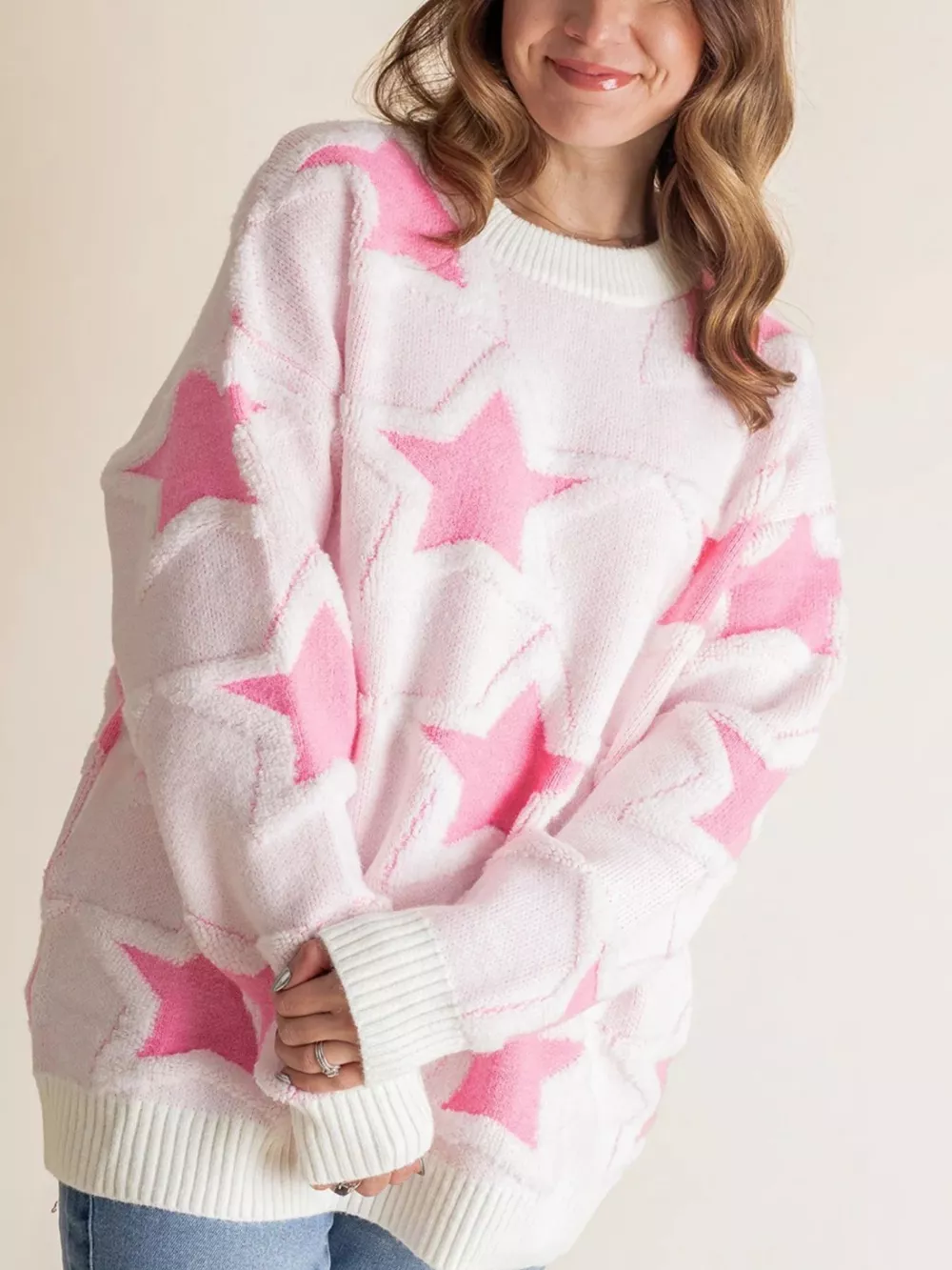 Oversized Star Pattern Ribbed Edge Drop Shoulder Sweater, image 4