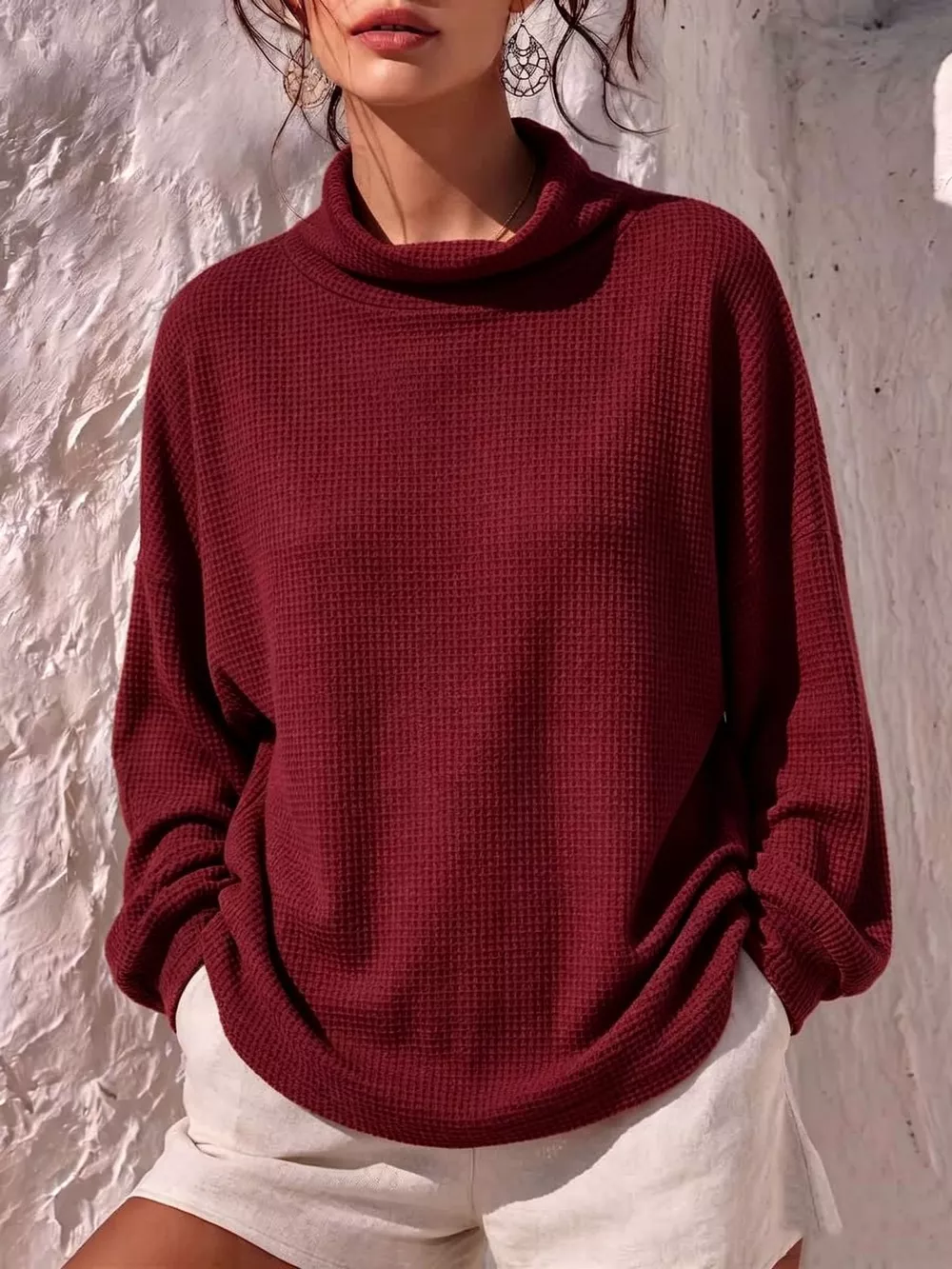 Full Size Waffle Knit Mock Neck Long Sleeve T-Shirt Plus Size, image 5