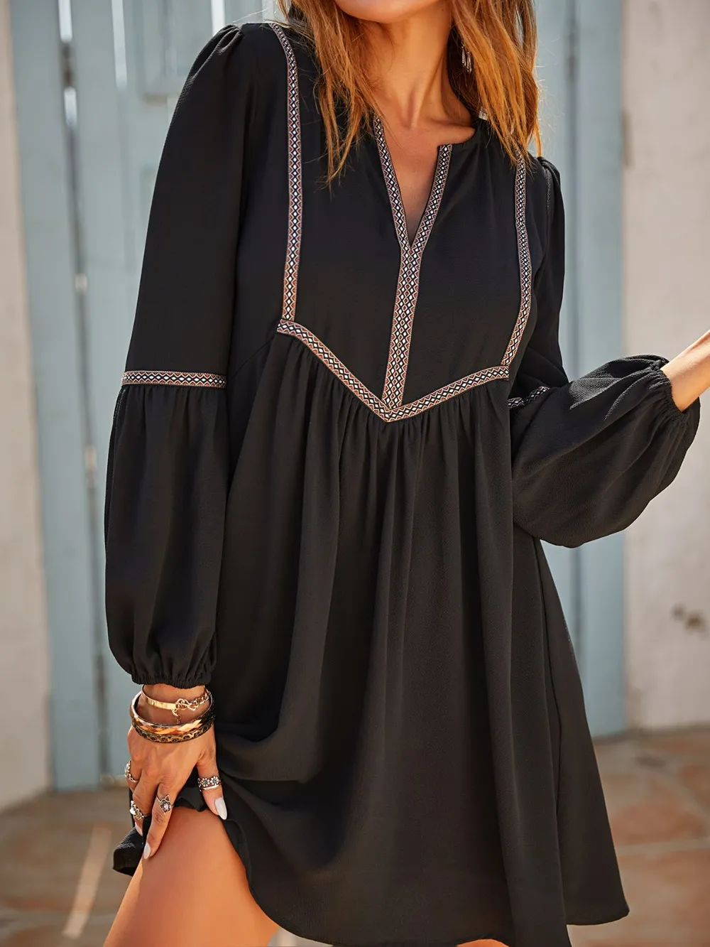 Ruched Notched Long Sleeve Mini Dress, image 5