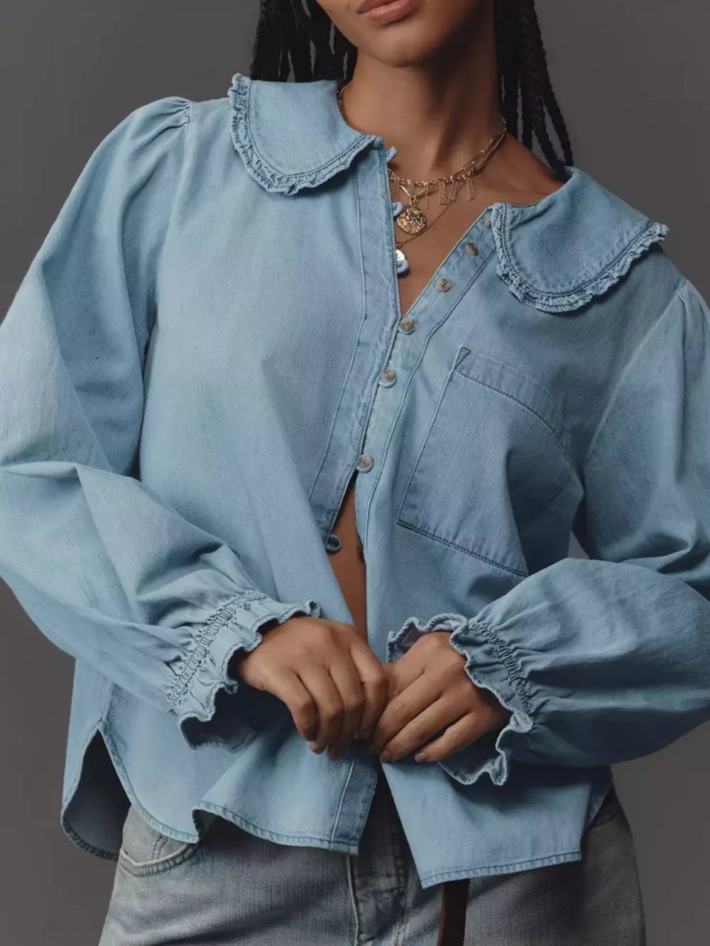 Peter Pan Collar Ruffled Denim Shirt, image 3