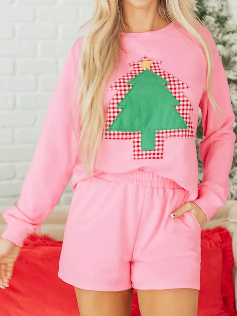Plaid Contrasted Double Christmas Tree Patched Raglan Sleeve Pullover 2pcs Short Set, image 9