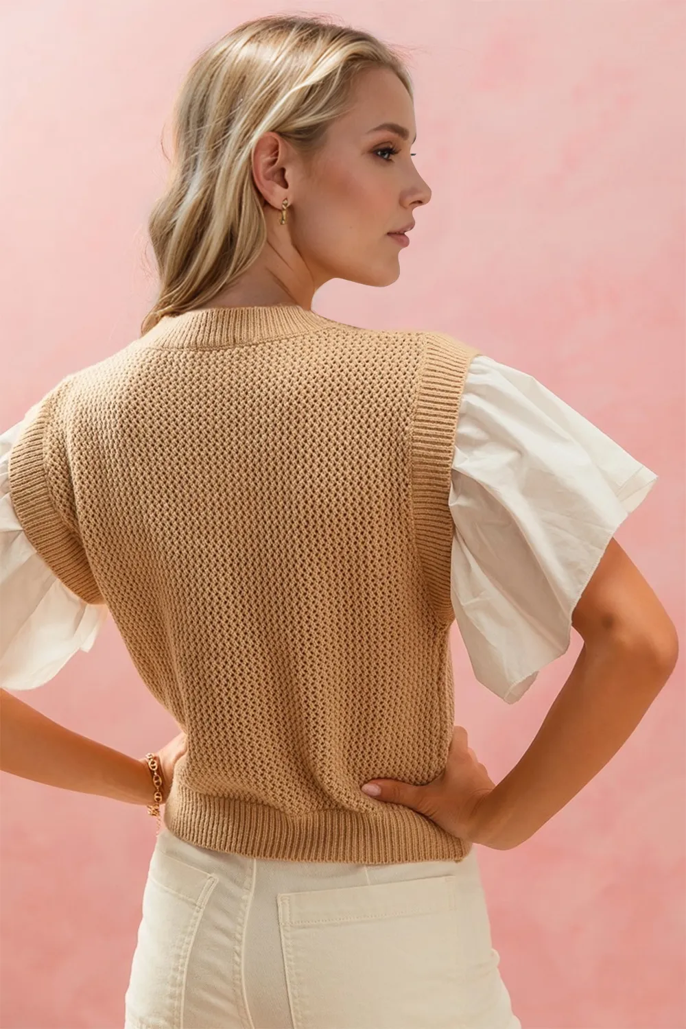 Full Size Ruffled Round Neck Short Sleeve Sweater, image 3