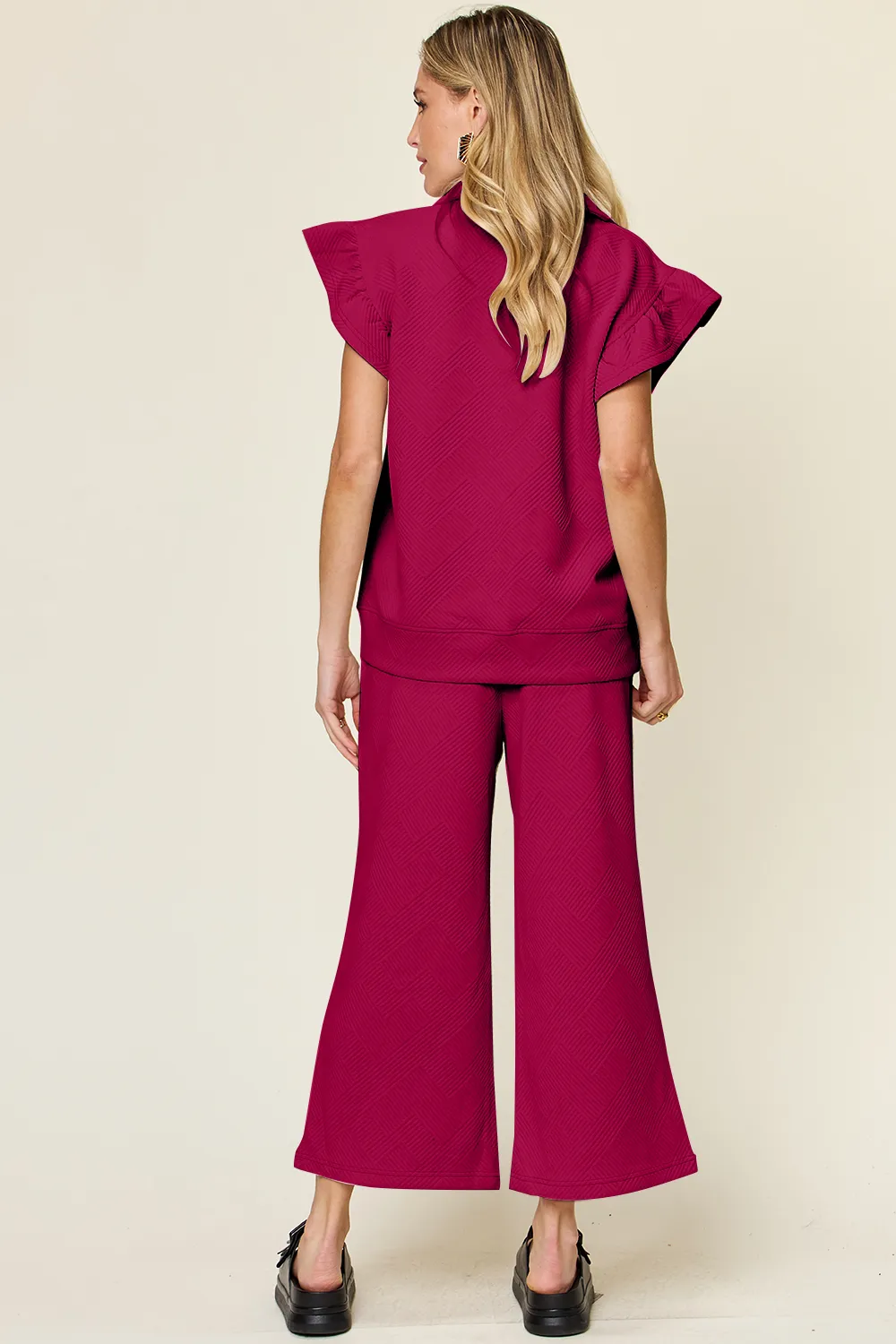 Texture Ruffle Short Sleeve Top and Drawstring Wide Leg Pants Set, image 31