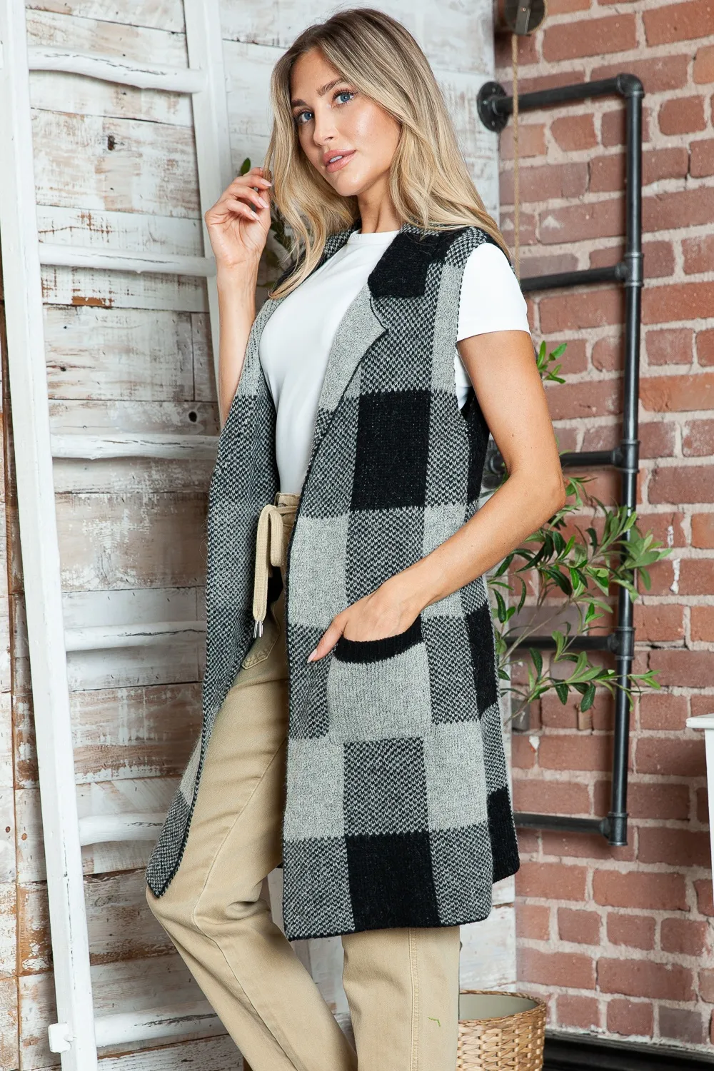 Plaid Lapel Collar Sleeveless Cardigan, image 6