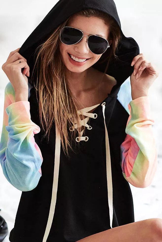 French Terry Lace Up Hoodie With Tie Dye Sleeves, image 7