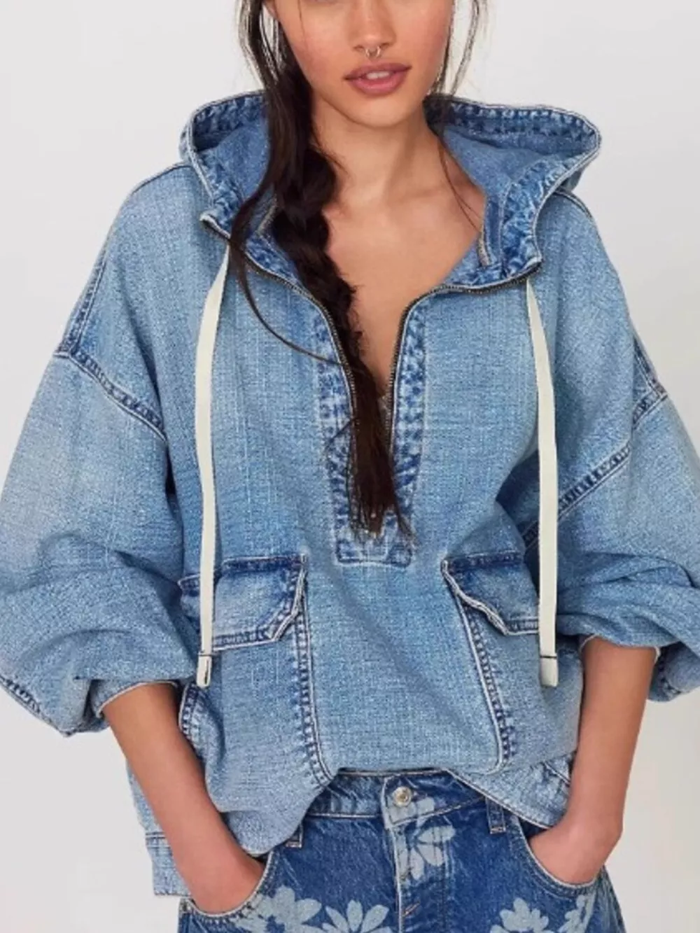 Half Zip Hooded Denim Top, image 10