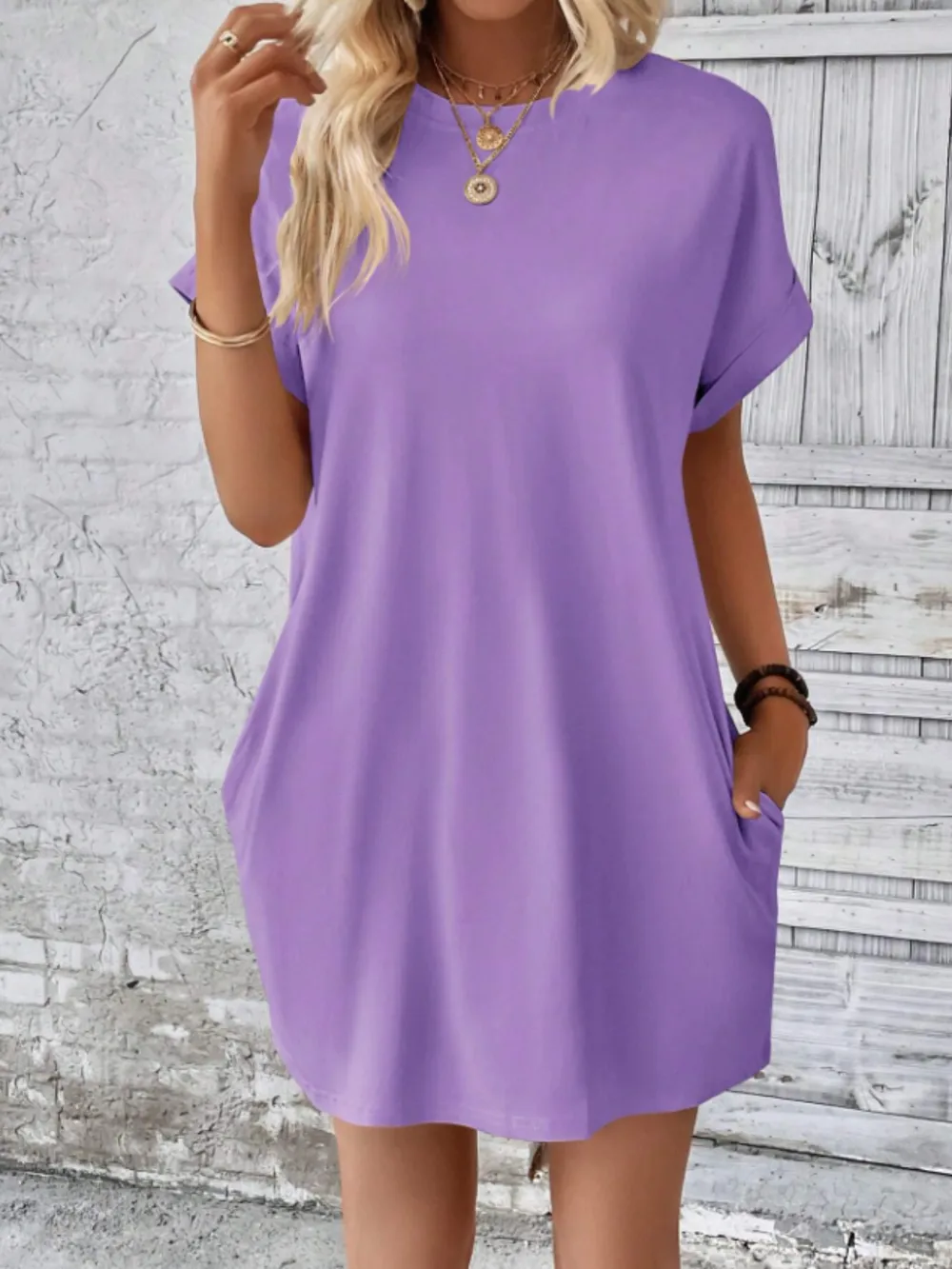 Round Neck Short Sleeve Mini Tee Dress with Pockets, image 15