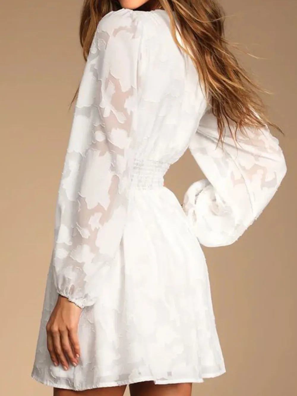 Smocked V-Neck Balloon Sleeve Dress, image 7