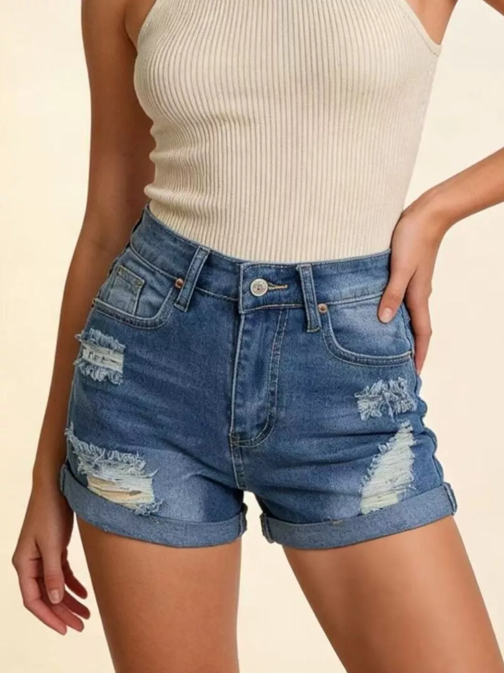 Distressed High-Waisted Denim Shorts, image 6