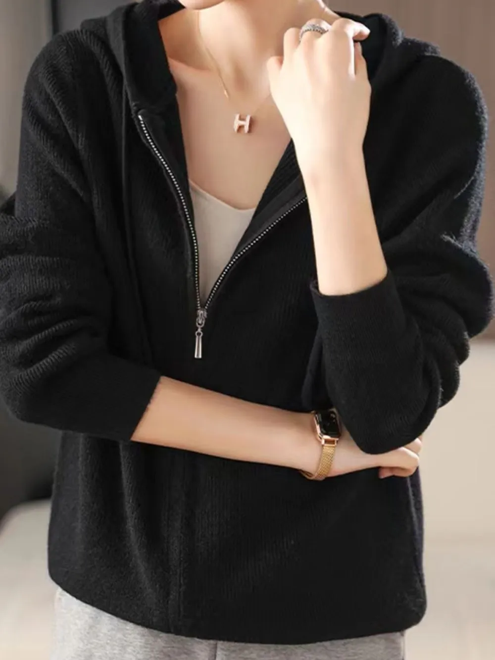 Drawstring Zip Up Long Sleeve Hooded Sweater, image 20