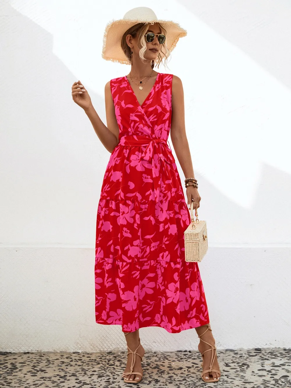 Tied Printed Surplice Tiered Dress, image 8