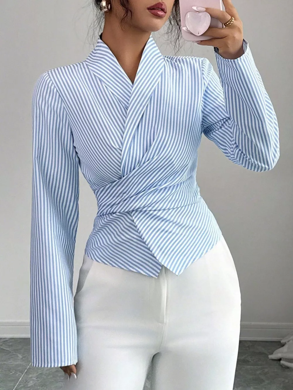 Striped Long Sleeve Wrap Blouse, image 2