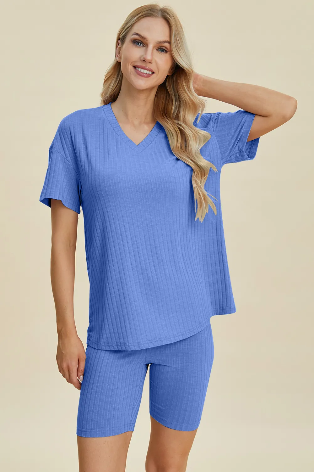 Full Size Ribbed V-Neck Short Sleeve Top and Shorts Set, image 28