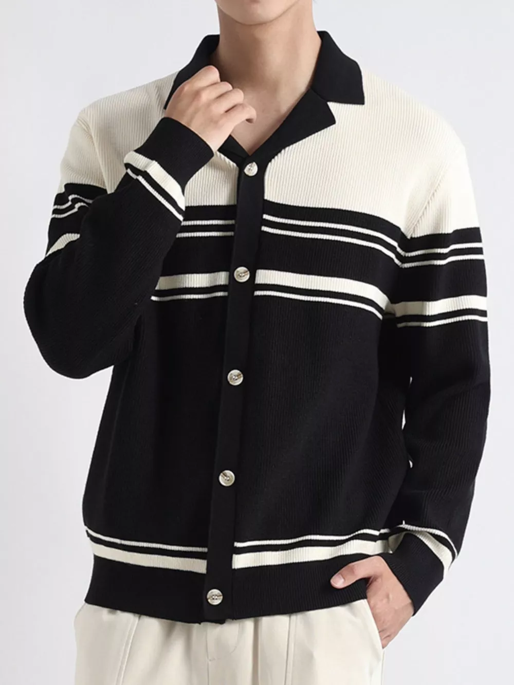 Men's Plus Size Contrast Striped Button-Down Cardigan, image 2