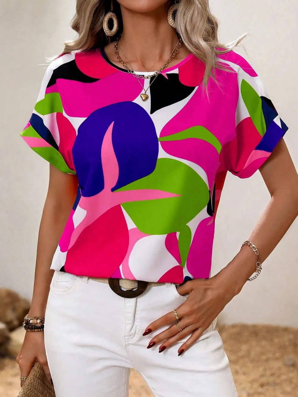 Contrast Round Neck Short Sleeve Blouse, image 2