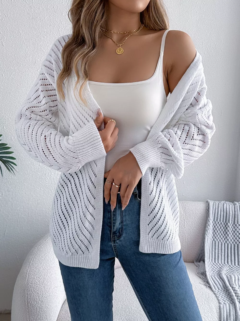 Openwork Open-Front Long Sleeve Cardigan, image 7
