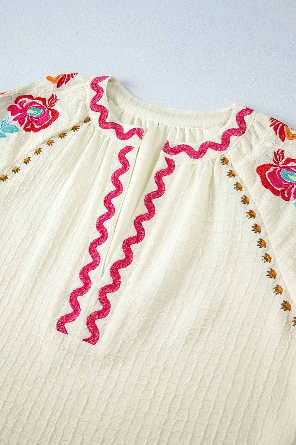 Floral Embroidered Notched Puff Sleeve Blouse, image 14