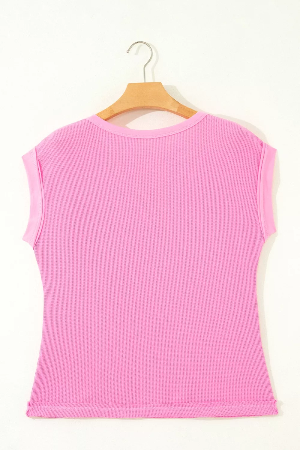 Solid Color Raw Seam Waffled Patchwork Casual T Shirt, image 5