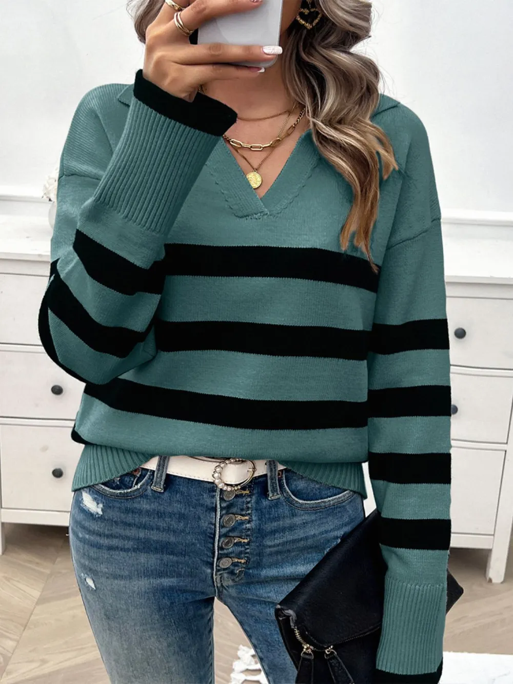 Striped Collared Neck Long Sleeve Sweater, image 19