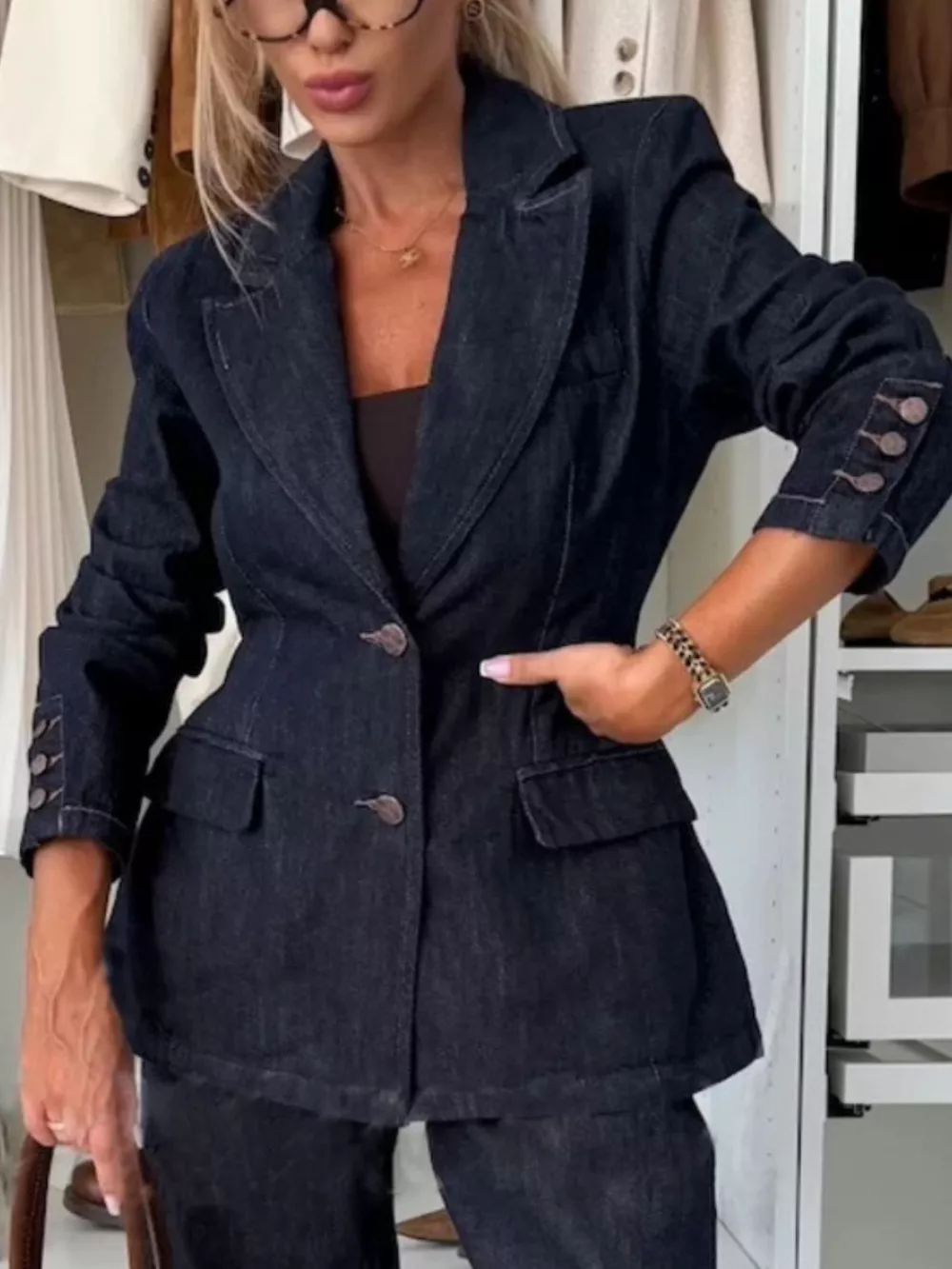 Single-Breasted Washed Denim Blazer, image 6