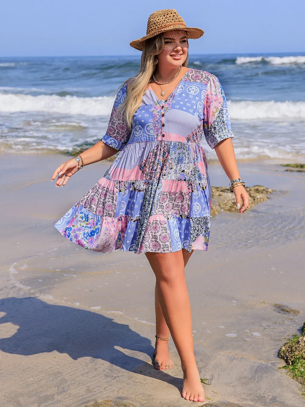 Plus Size Printed V-Neck Tiered Mini Dress, image 7