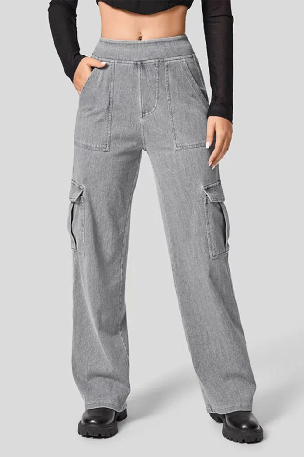 High Waist Straight Leg Cargo Jeans, image 2