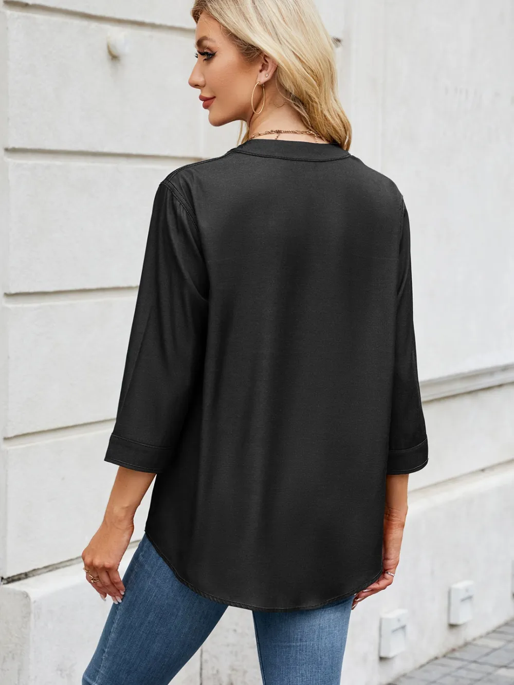 Notched Three-Quarter Sleeve Denim Top, image 8