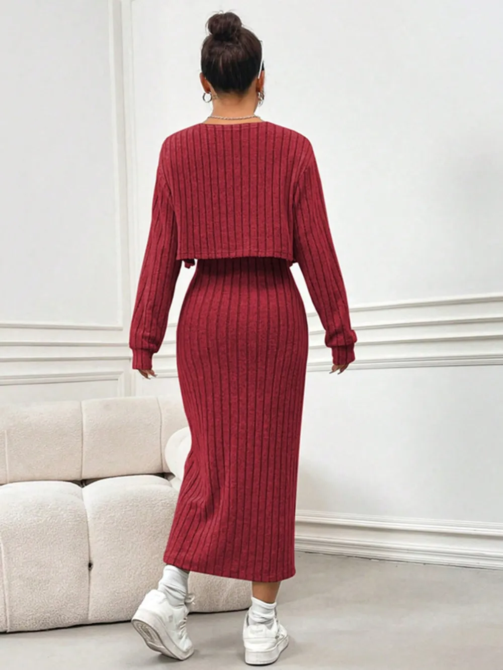 Ribbed Long Sleeve Cropped Cardigan and Slit Cami Dress Set, image 3