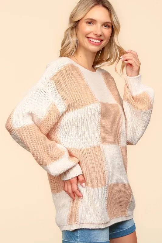 Full Size Checkered Round Neck Drop Shoulder Sweater, image 3