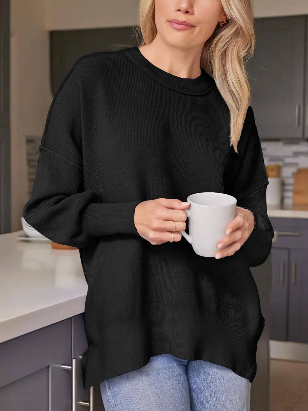 Slit Round Neck Dropped Shoulder Sweater, image 7