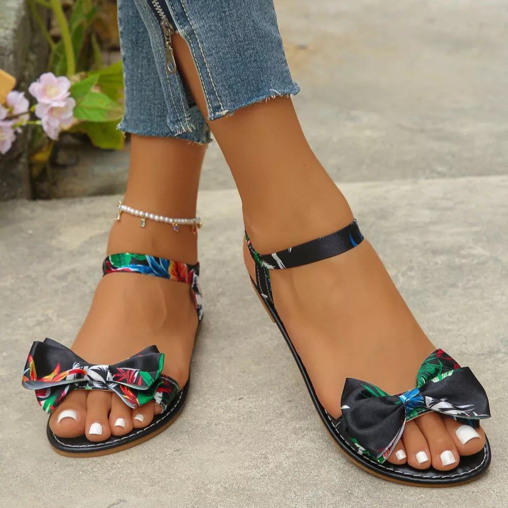 Floral Bowknot Ankle Strap Flat Sandals, image 4