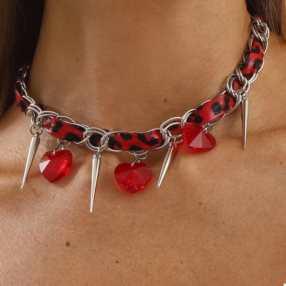 Heart Charm Choker Necklace with Metal Spikes, image 3