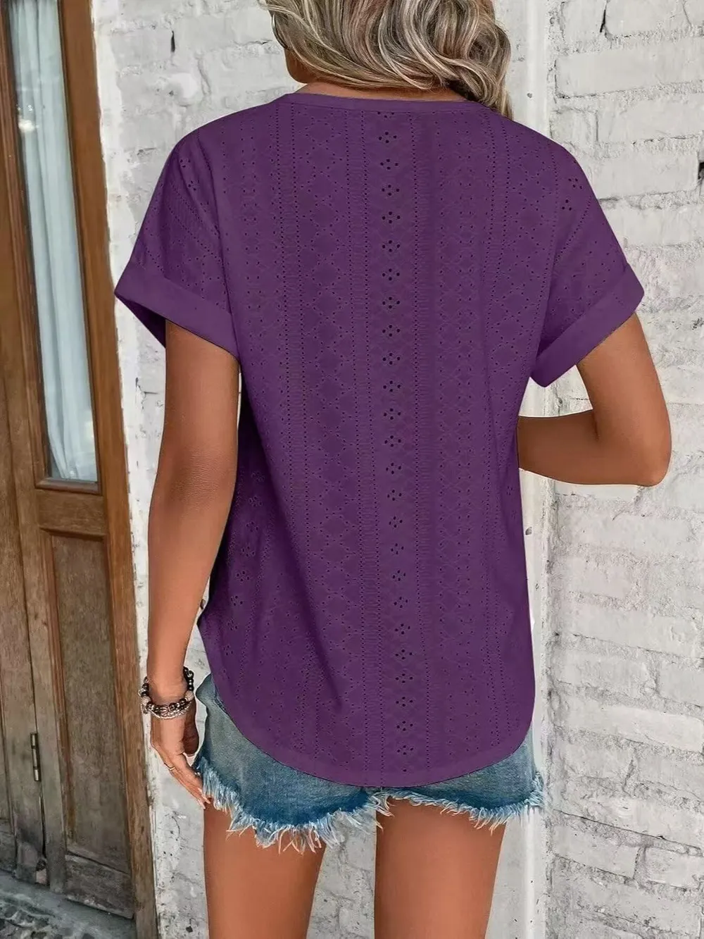 Eyelet Round Neck Short Sleeve T-Shirt, image 14