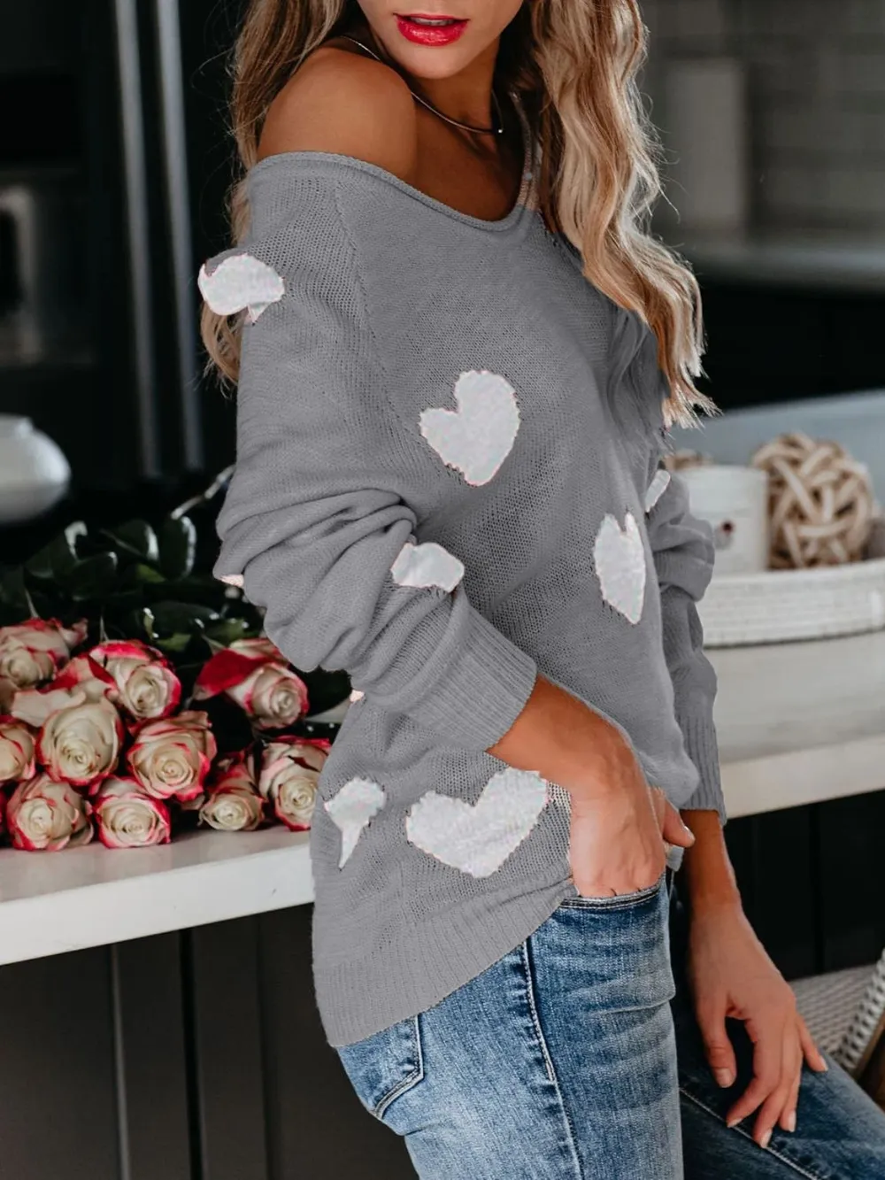 Heart Scoop Neck Long Sleeve Sweater, image 14