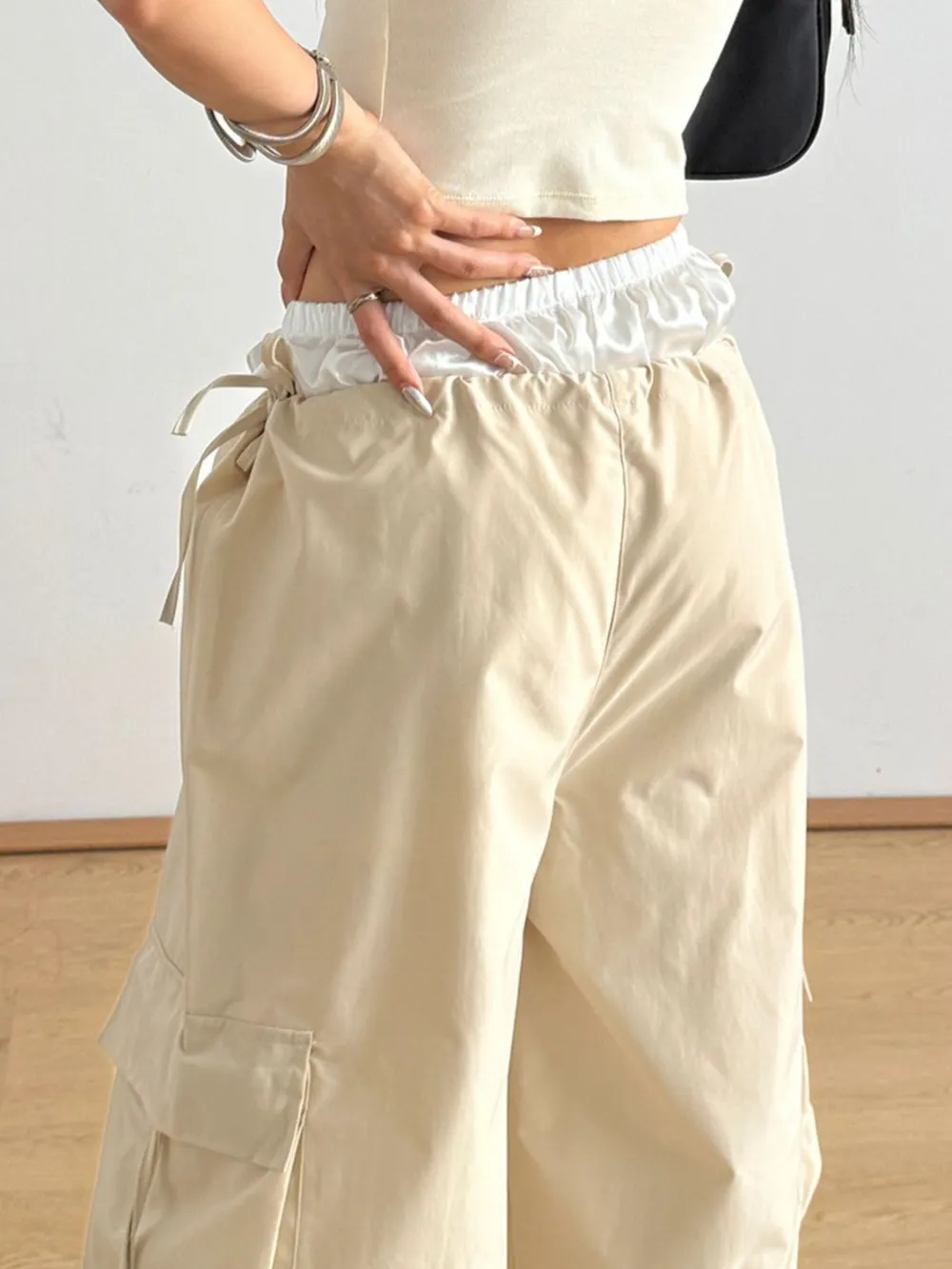 Cargo Wide Leg Pants with Bow Tie Details, image 5