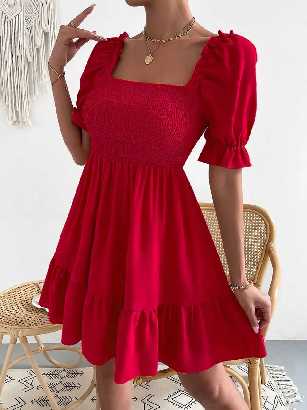 Smocked Square Neck Short Sleeve Dress, image 12